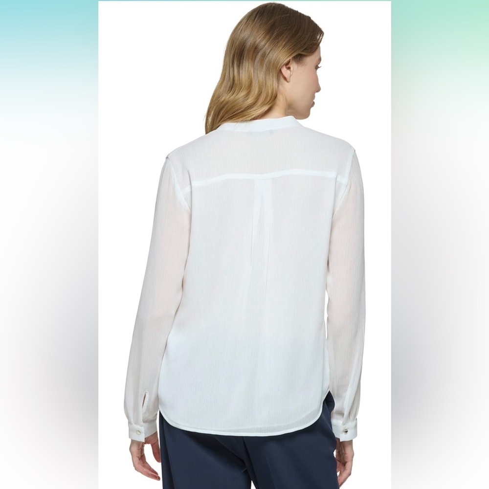 TOMMY HILFIGER Women's Classic Long Sleeve Ruffle Front Blouse - Ivory - Picture 4 of 9